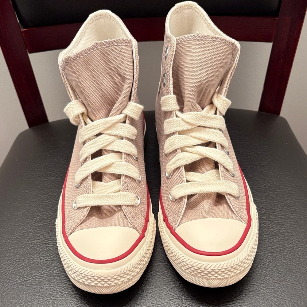 New Converse Chuck Taylor All Star High-Top Sneakers in Taupe with Red Trim - Picture 3 of 5